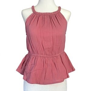 Sim & Sam Coastal Cowgirl Cotton Braided Strap Peplum Tank Top Pink Mauve Medium